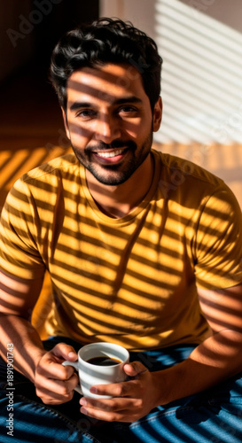 The striped life of a happy man: Young man smiling while holding a cup of coffee in sunlight  