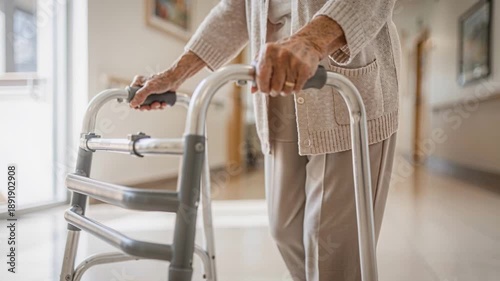 Elderly womans hand grips walker, slowly walking through nursing home. Daily mobility assistance and health care for seniors determination