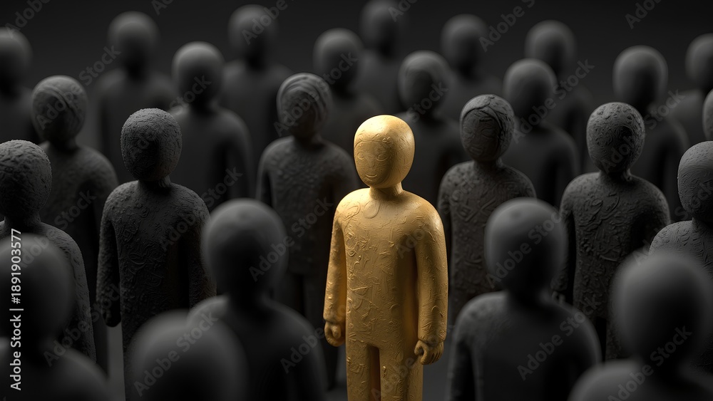 Obraz premium A striking image of a golden figure standing out among a crowd of black figures, symbolizing individuality and uniqueness amidst conformity.
