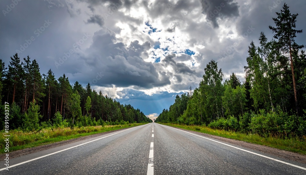 Obraz premium Asphalt road stretching into the distance under a dramatic cloudy sky.