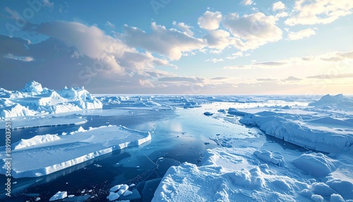 Arctic expanse - Ice floes and open water under a cloudy sky.