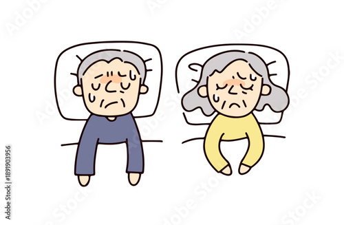 寝苦しそうなシニア夫婦のイラスト