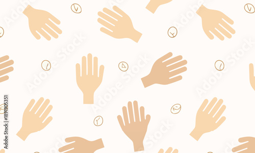 Hand washing seamless pattern, Minimalist vector background with open palms and soap bubbles for hygiene