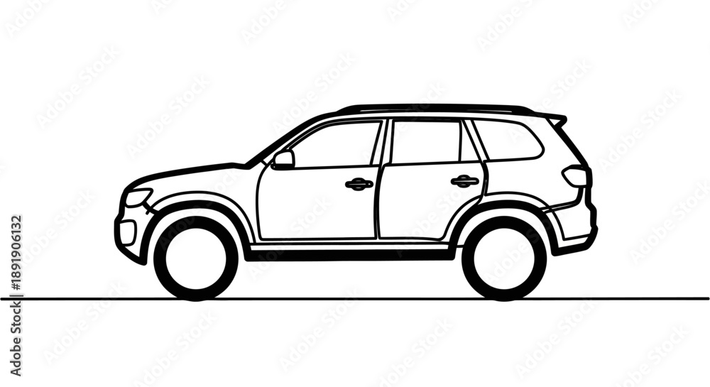 Fototapeta premium Simple black and white line art drawing of a modern SUV or station wagon in side profile.