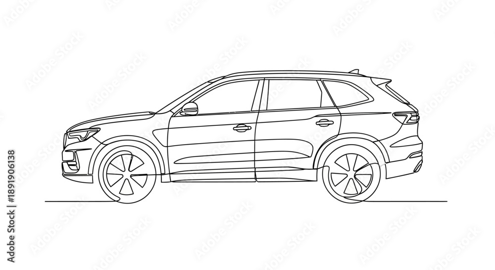 Fototapeta premium Continuous line drawing of a modern SUV car in side profile, showcasing a sleek and contemporary automotive design on a clean white background.