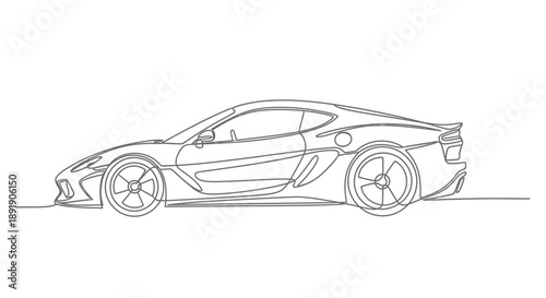Continuous line drawing of a modern sports car, side view, minimalist automotive design illustration on a white background.
