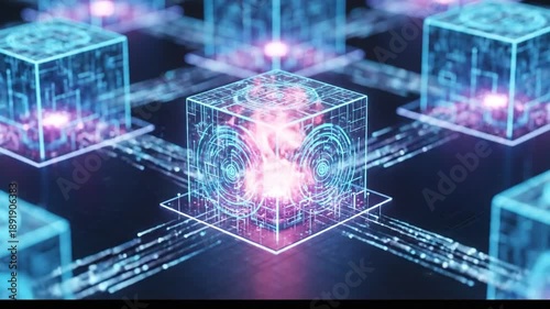 Digital network of glowing cubes, pink energy inside