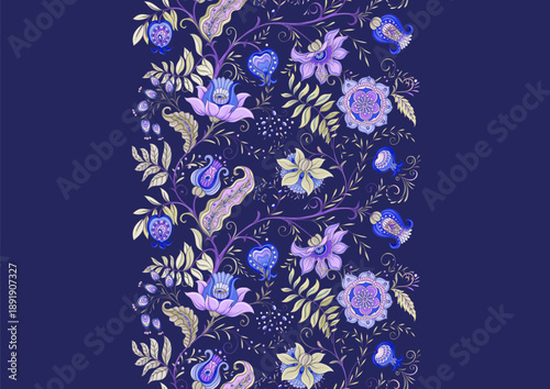 Wallpaper Mural Botanical floral seamless ornament. Vintage hand drawn pattern with ornate garden flowers, leaves and intricate decorative swirls for textile wallpaper. Classic elegant motif design. Torontodigital.ca
