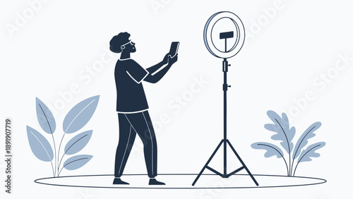 Person using smartphone and ring light, creating video content in silhouette