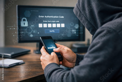 Multi factor authentication code bypass by anonymous hacker on smartphone for cybersecurity attack concept