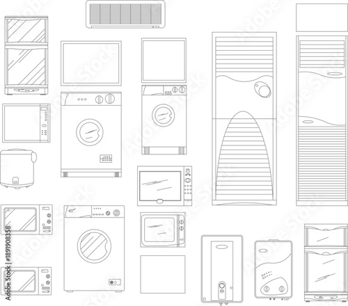 Technical vector illustration of modern household appliances, including washing machines, microwave ovens, air conditioners, and water heaters.