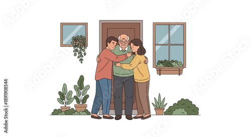 Elderly Father Hugged by Adult Children at Home - Father's Day Family Reunion Vector
