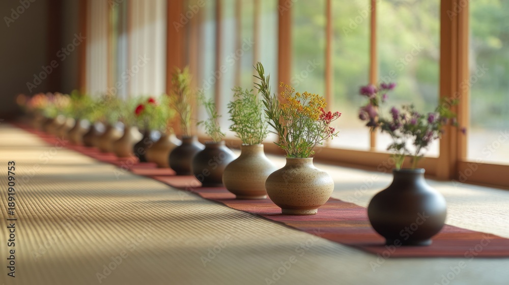 Fototapeta premium Floral arrangement in small vases, arranged in a row, on a tatami mat, near a window