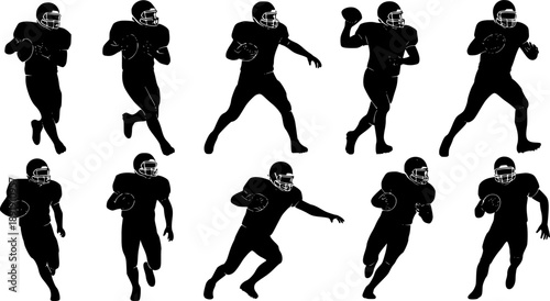 American football players silhouette vector set, active athletes running and throwing, team sport championship collection, black figures isolated on white background