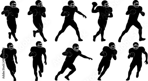 American football players silhouette vector set, active athletes running and throwing, team sport championship collection, black figures isolated on white background