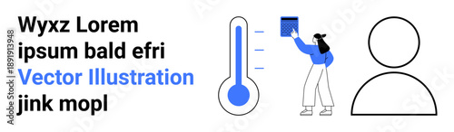 Health monitoring, data tracking, education, user profile creation, digital analytics, human behavior. A person holding a book near a thermometer and profile icon. Health monitoring and user profile