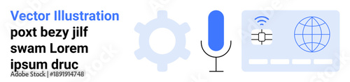 Voice recognition, networking, cybersecurity, data processing, technology, software. Microphone, globe and gear symbols in a blue and white palette. Voice recognition and networking concepts