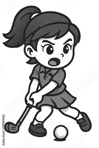 Young girl playing mini golf and focusing on hitting the ball.  Cute cartoon style, clean outlines, simplified shapes, large expressive eyes, clean vector look, monochrome palette in shades of gray,  