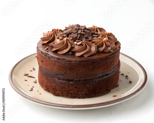 Chocolate cake on a plate with white background.




