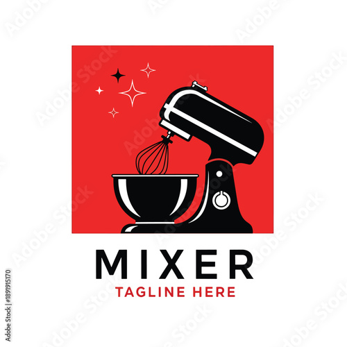 Graphic illustration of a modern stand mixer with whisk and bowl, sparkling on a vibrant red background, perfect for culinary projects.