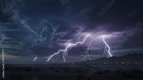 Epic nighttime desert landscape with powerful lightning strikes illuminating dark dramatic storm clouds and starry sky
