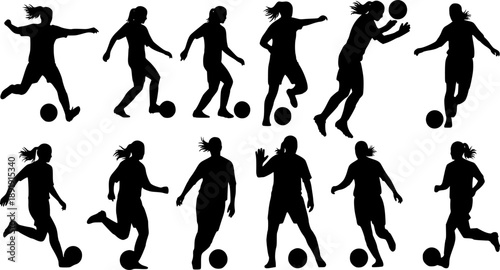 Women soccer silhouettes kicking ball, female football players vector, girl sports action poses, athletic movement illustration, team sport training design, black shape collection for sports artwork