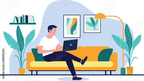 Man relaxing on a couch with a laptop, working or browse in a comfortable home office or living room setting, surrounded by plants and decorative elements. Flat design vector illustration