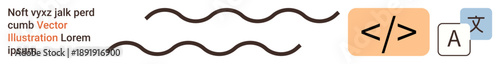Web design, language translation, coding education, software interface, multilingual support, programming tools. Wavy lines, coding brackets and a translation icon. Web design and language