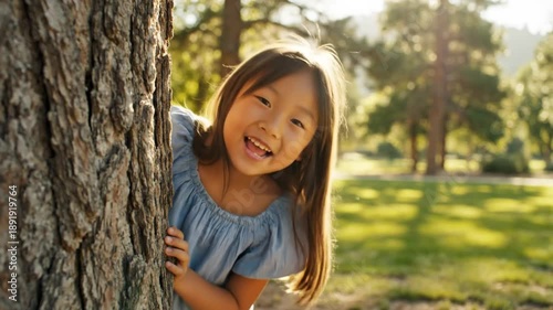 Happy little girl playing peekaboo while hiding behind a tree trunk in a sunlit park during daytime