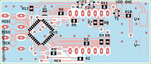 Vector printed circuit board of electronic device with components of radio elements, conductors and contact pads placed on pcb. Engineering technical drawing. Electric background. Computer cad design.