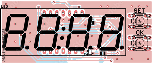 Vector printed circuit board of electronic 
device (digital clock) with components of radio elements, conductors and contact pads placed on pcb. Engineering technical drawing. Computer cad design.