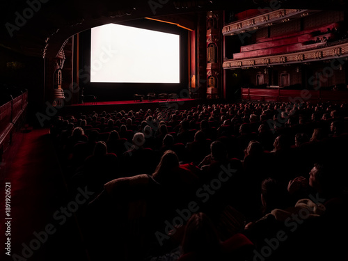 Full theatre audience watching projection screen from behind, historic Art Deco cinema interior with balconies