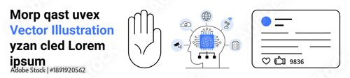 Social media, machine learning, digital identity, privacy, online interactions, technological advancements. Hand icon, head with a circuit and a social profile. Digital identity and online