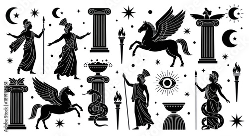 Ancient Greek Mythology Symbols and Figures Collection.