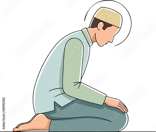 Illustration of a man kneeling in prayer on the floor viewed from the side in a serene environment