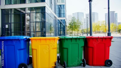 Four colorful recycling bins lined up outside a modern building