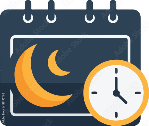Calendar page with crescent moon and clock showing nighttime hour during lunar cycle viewed from above
