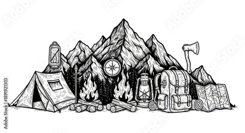 Camping Adventure Gear and Mountain Landscape Illustration.