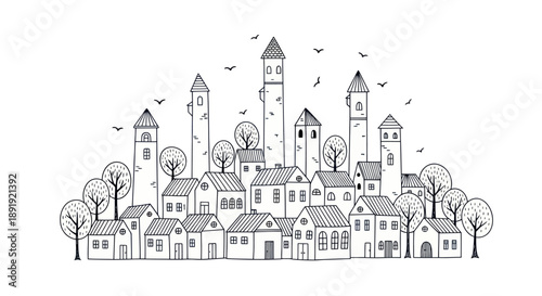 Charming Hand Drawn Sketch of a European Village with Tall Towers and Quaint Houses.