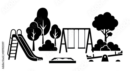 Childrens playground with slide, swings, sandbox, and seesaw for outdoor fun.