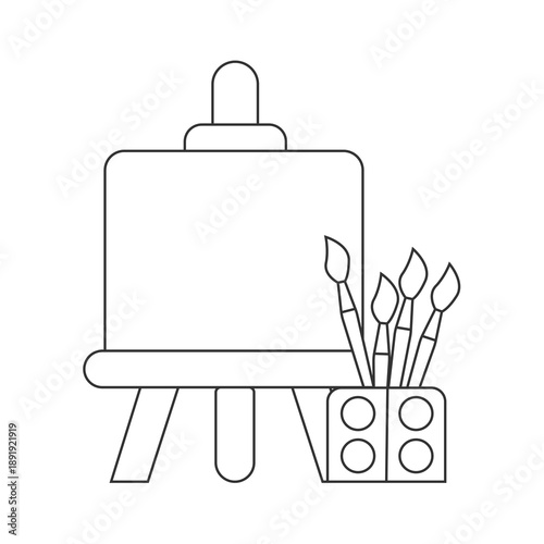 Creative art easel with paintbrush line art vector icon. Minimal hand-drawn illustration for education, school, art studio, creative design concepts, and artistic learning materials.