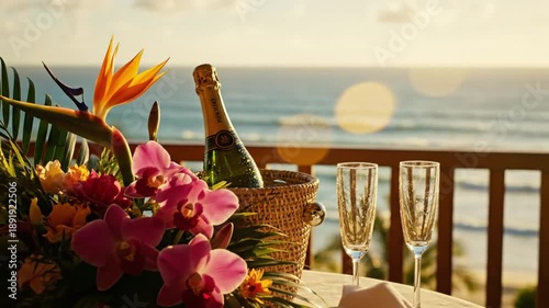 Romantic champagne and flowers setting on a balcony overlooking ocean at sunset for a special occasion