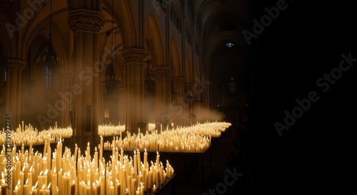 Interior of a gothic cathedral filled with hundreds of burning candles. Wide cinematic shot of church nave at night with warm golden light. Religious vigil background with copy space