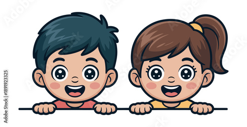 Two cheerful cartoon children boys and girls peek over a blank horizontal white banner space.