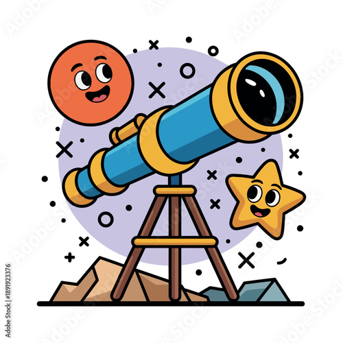Cartoon telescope observes bright celestial bodies and stars above rocky terrain.
