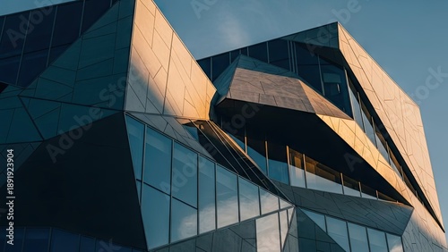A modern building with a unique geometric design against a clear blue sky
