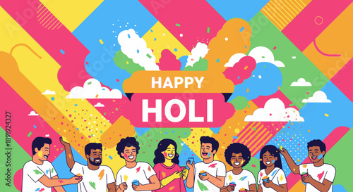 Vibrant Holi celebration with people throwing colorful powders in joyful festive atmosphere