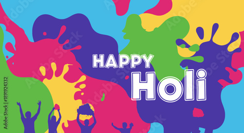 Vibrant Holi celebration with colorful powder splatters and joyful atmosphere