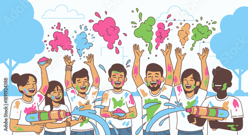 Group of people celebrating with colorful powder in a lively outdoor scene