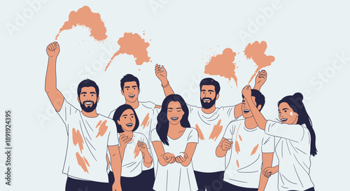 Group of people celebrating with colorful powder in the air